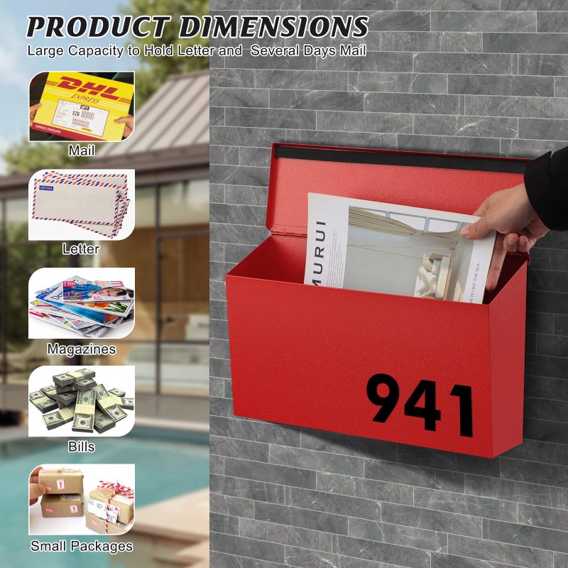 KYODOLED Wall-Mount Mailbox, Large Capacity Mail Box, Galvanized Steel Rust-Proof Metal Post Box, Mailboxes for Outside,15.7"x9.9"x4.9" Red - Image 3